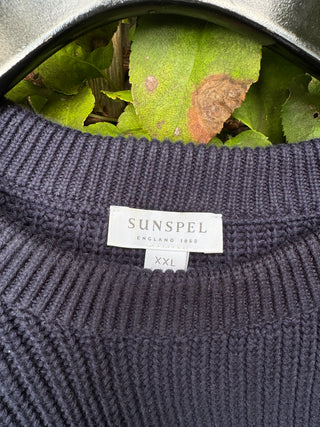 Sunspel Navy Textured Knit Crewneck Sweater