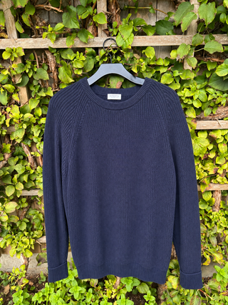 Sunspel Navy Textured Knit Crewneck Sweater